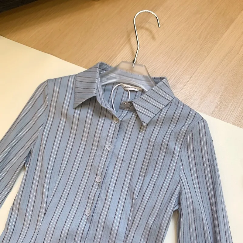 Kimotimo Spicy Girl Stripe Long Sleeve Shirt Autumn Slim Fit Waist Lapel Tops Vintage Fashion Y2k Aesthetic Office Lady Bouse