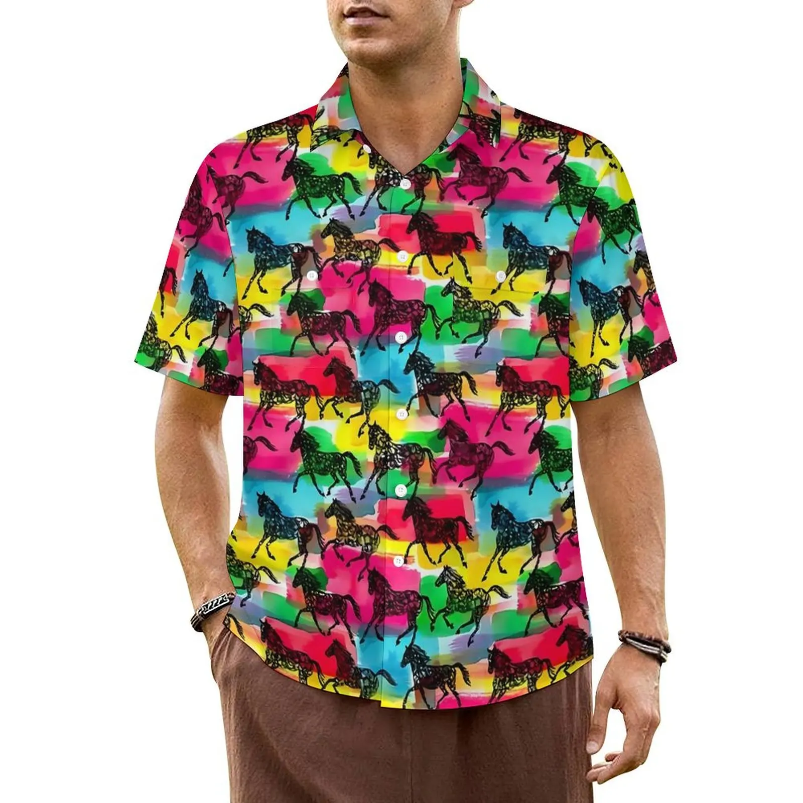 

Colorful Horse Beach Shirt Cartoon Animal Hawaii Casual Shirts Men Elegant Blouses Short-Sleeved Y2K Funny Design Clothes