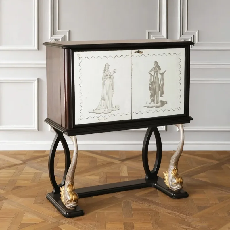 Nordic replica design medium ancient style solid wood hand-painted engraved Italian black paint side cabinet, custom chest