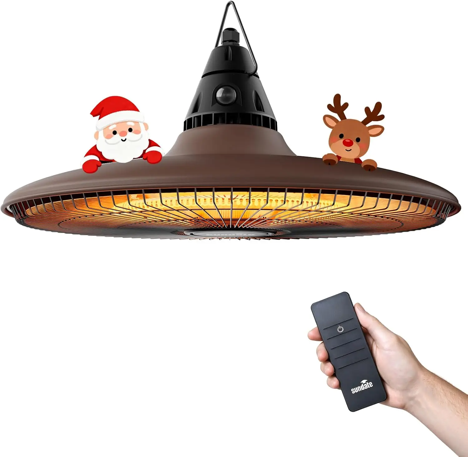 1500W Outdoor Electric Patio Ceiling Mount Hanging Heater, Infrared Heating with Remote Control, Waterproof, Overheat & Tip-Over Protection, Brown, for Courtyard, Garage, and Patio
