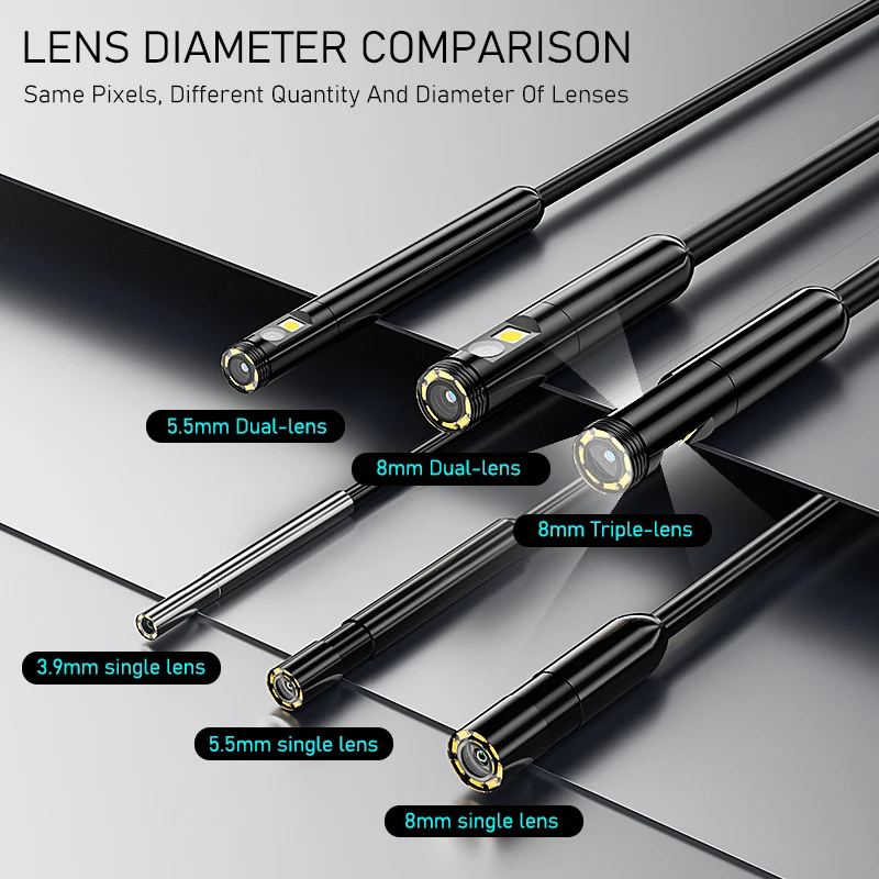 VISHRT Wifi Endoscope Camera for Android iPhone Dual Triple Lens Rigid Cable 1080P HD Waterproof Inspection Borescope Camera