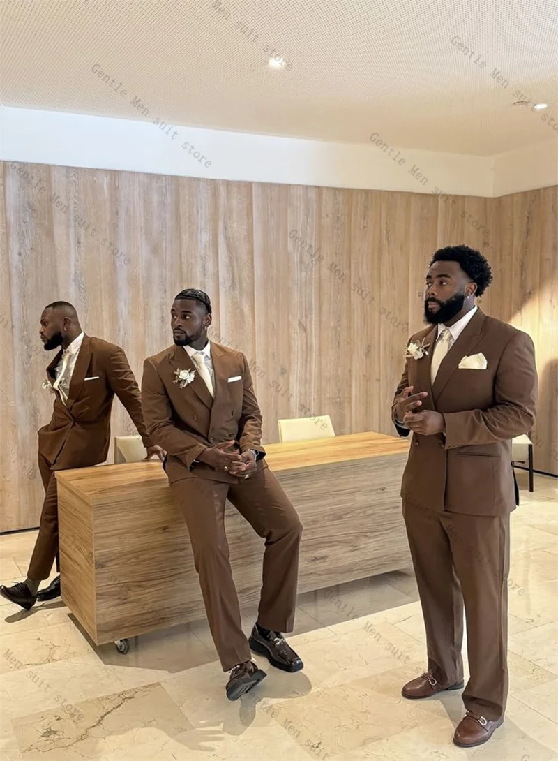 

Brown Men Suit Set 2 Pcs Blazer+Pants Trousers Double Breasted Cotton Wedding Tuxedo Formal Office Jacket Prom Coat Customized