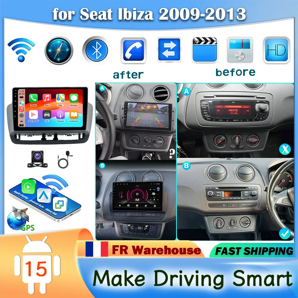 Radio samochodowe 4+64G 9 cali z Carplay, Android Auto, nawigacją GPS do Seat Ibiza 2009-2013 2015, Android 15, SWC, Wif...