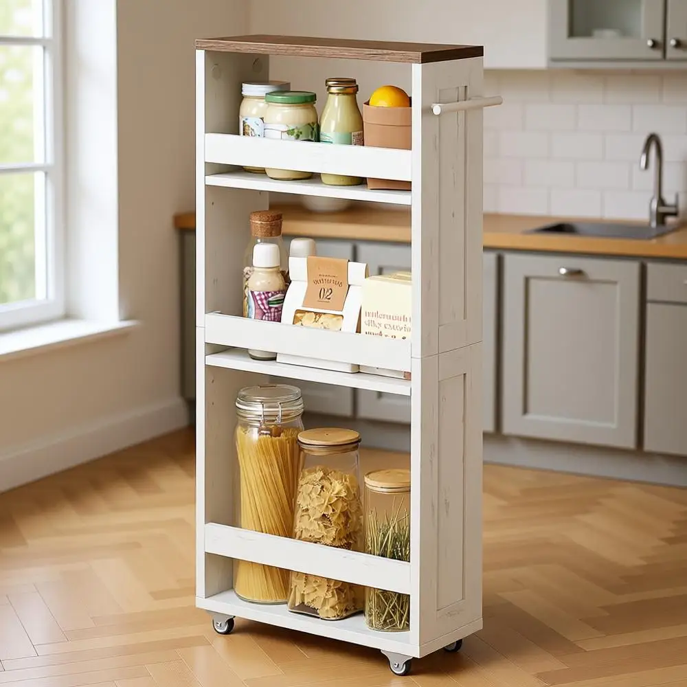 

4-уровневая выдвижная тележка для хранения для кухни и небольших помещений, цвет рустик-белый и эспрессо-коричневый