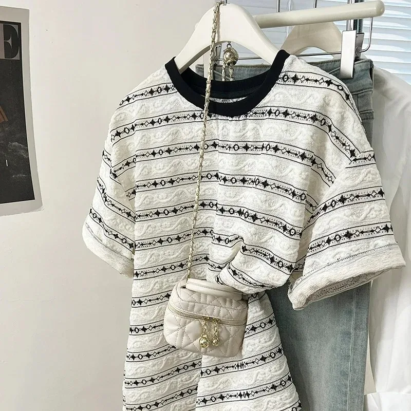 

Vintage Stripes T-Shirt for Women 2025, Loose Fit Casual Short Sleeve Top, O-Neck Summer Tee