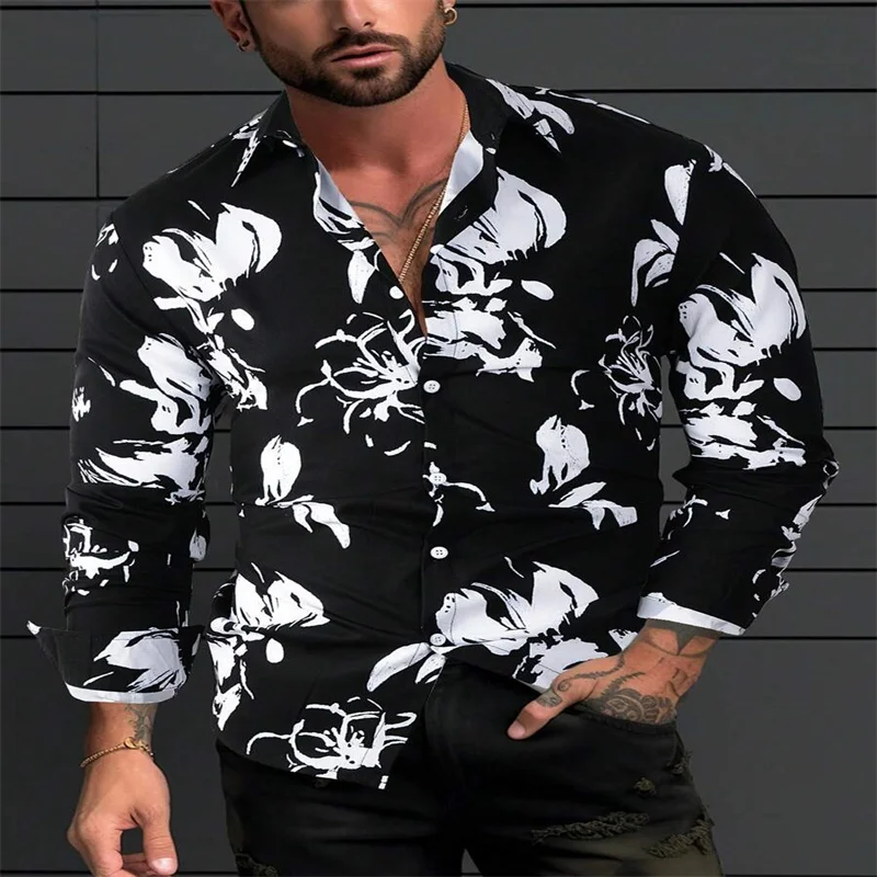 Men's foreign trade shirt, European and American muscle men's collar printed shirt, slim fit shirt, fashionable 2024 new style