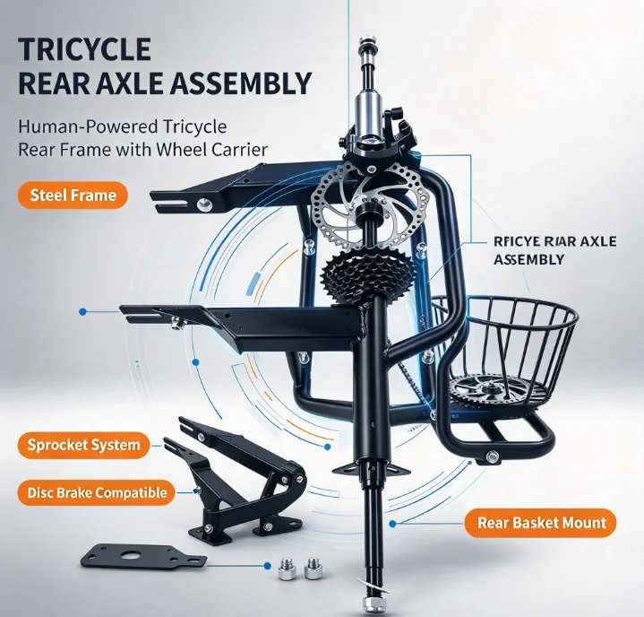 Human Powered Tricycle Spare Parts Rear Axle Wheel And Rear Basket For Elderly Pedal Tricycle Repair Replacement Accessories