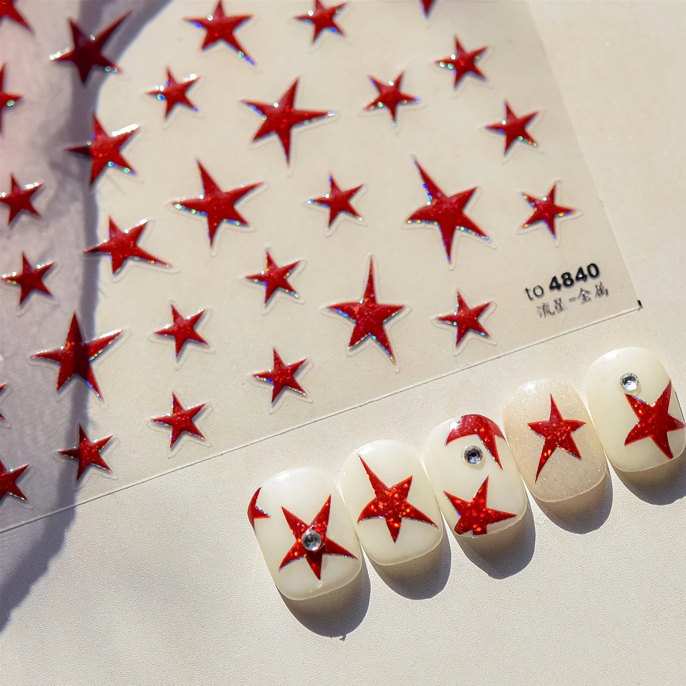 

Shiny Red Irregular Stars Silver Five-pointed Star Meteor Laser Punk Hot Stamping Nail Art Stickers Rhinestones Manicure Decals