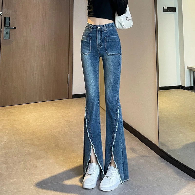 

Flare with Slits Trousers Women's Jeans Bell Bottom Blue High Waist Shot Flared Pants for Woman Pockets