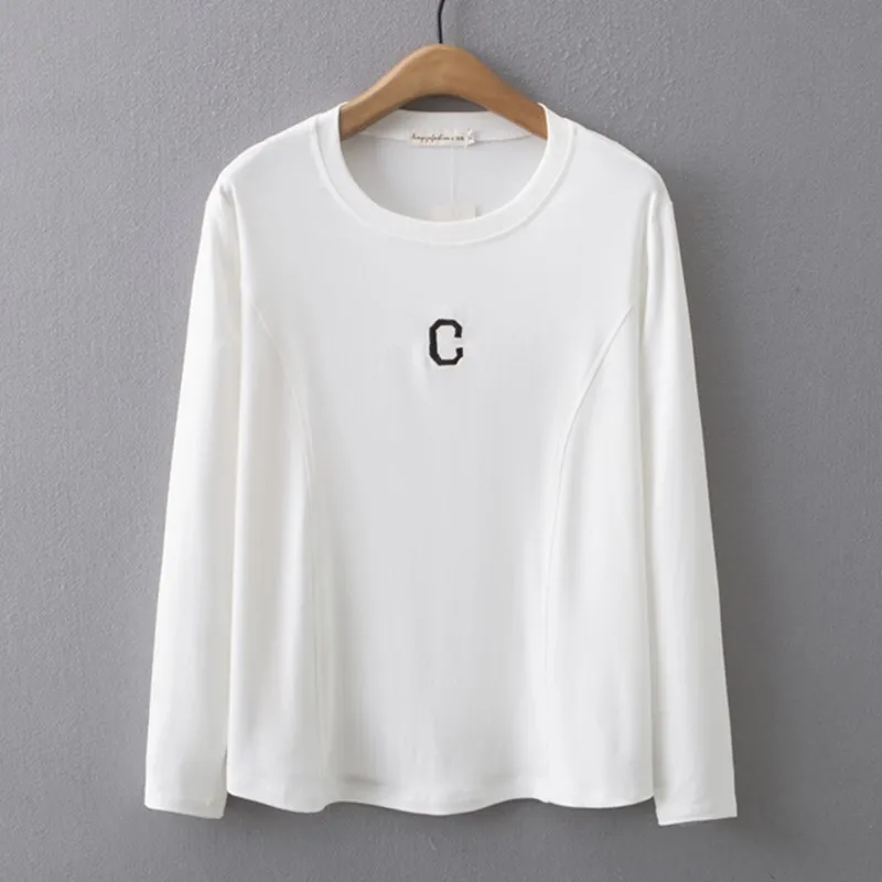 2023 Autumn Clothes Women T-Shirt Plus Size Simple Embroidered Letters Long Sleeve Base Tee Casual Solid Color O-Neck Top Curve