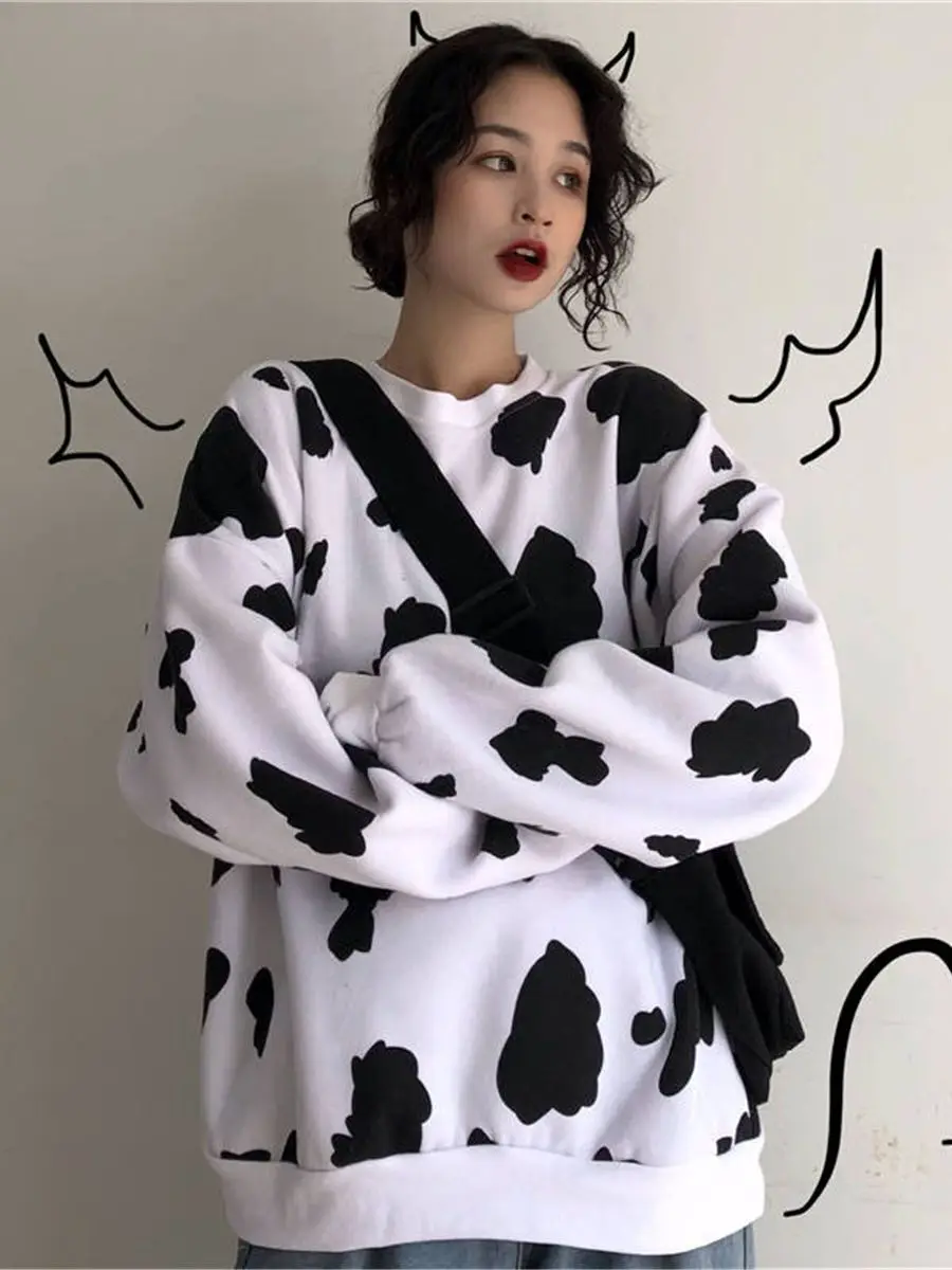 Cute Autumn Hoodie Sweatshirt Women Tops Loose Casual Milk Print Hoodie Streetwear Girl Pullover Japan Hoodies Funny Female