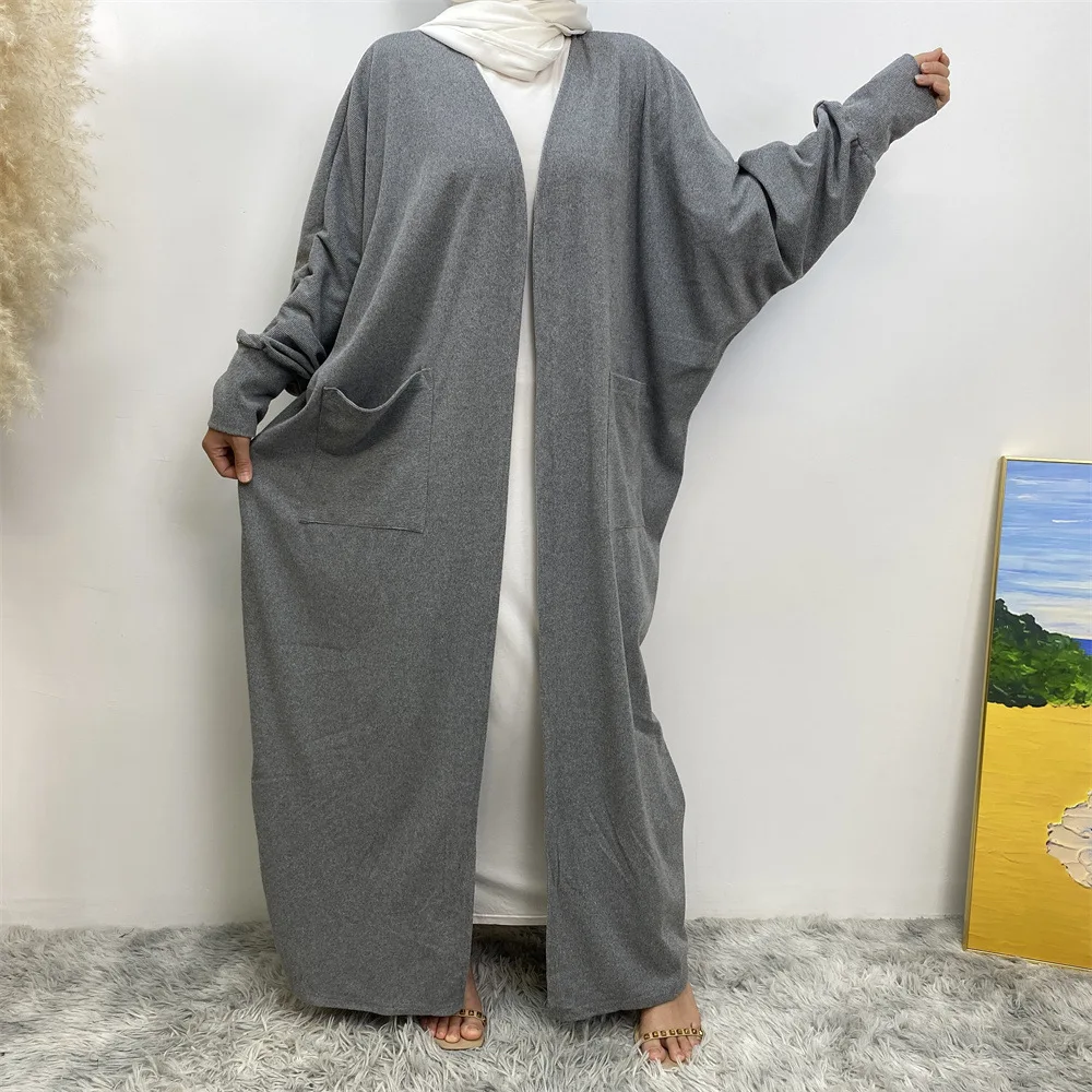 

Abaya Dubai Middle East Pure Color Double Sided Cardigan Robe with Pocket Lace Up Muslim Abaya Women