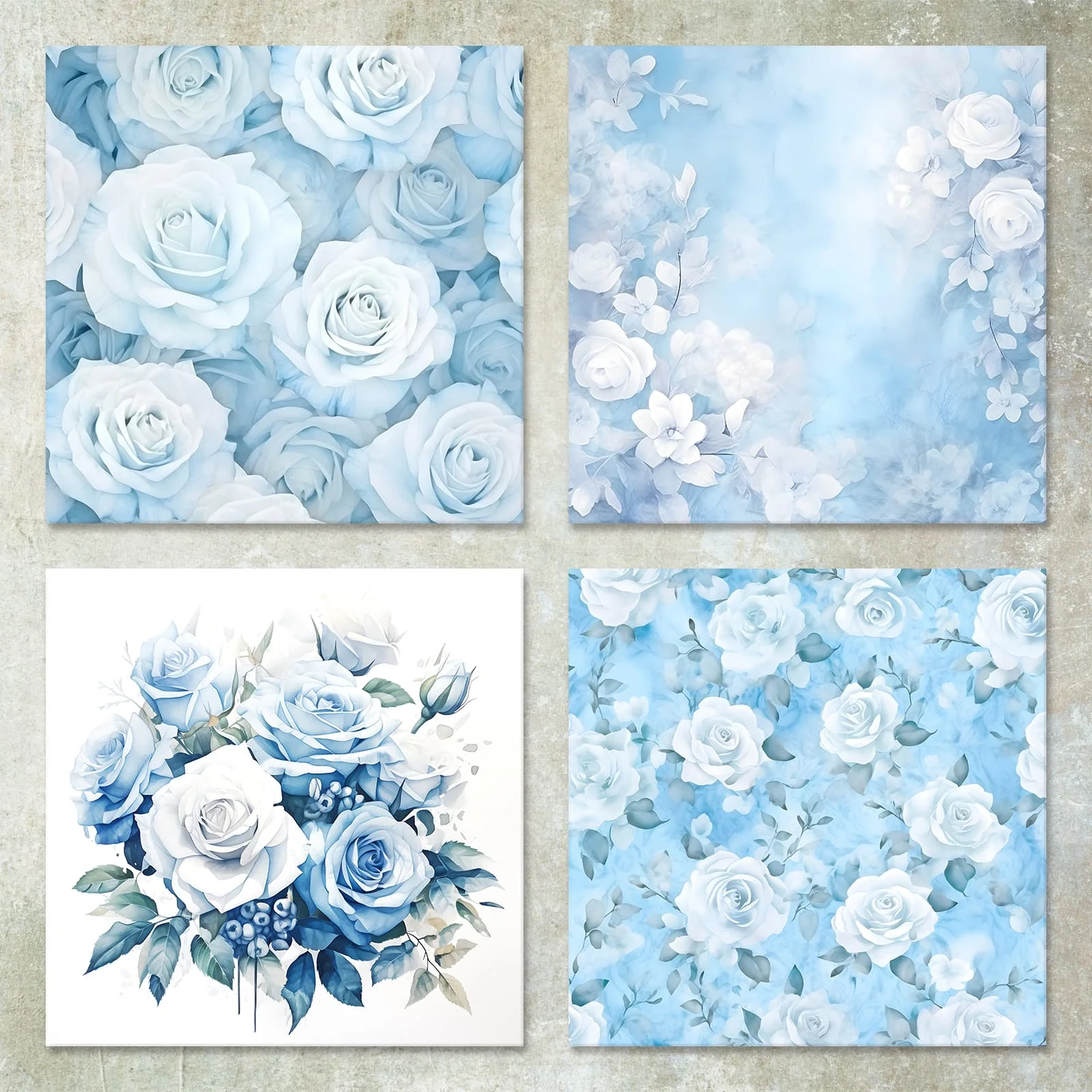 36 Sheets 6inch (White Rose Blue Background) Clipping Thin Paper for Bullet Diary, Junk Magazine, Greeting Card Background