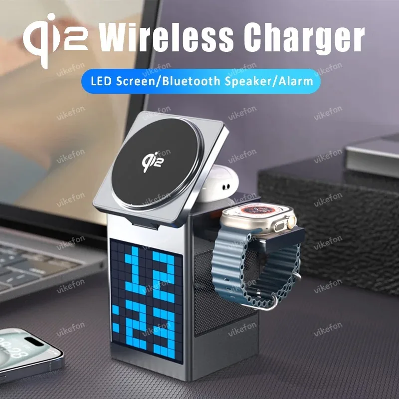 

QI2 Магнитная подставка для беспроводного зарядного устройства Bluetooth-динамик Светодиодный будильник для Magsafe iPhone 12-17 Pro Max Airpods Pro Apple Watch