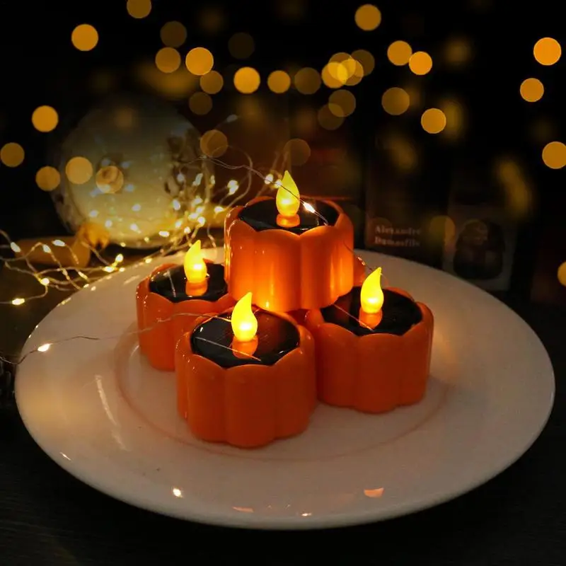 Pumpkin LED Light 6pcs Halloween Flickering Tealight Candle Flickering Solar Pumpkin Tea Lights For Party Home Centerpiece Table