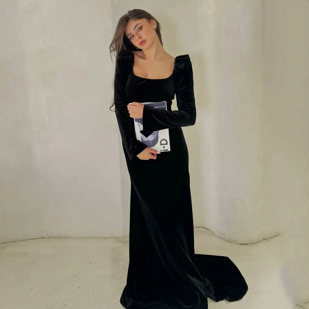 

Black Velour Evening Dress Long Sleeve Square Collar Brithday Dress Female Backless Graduation Gown Customized Party Dress