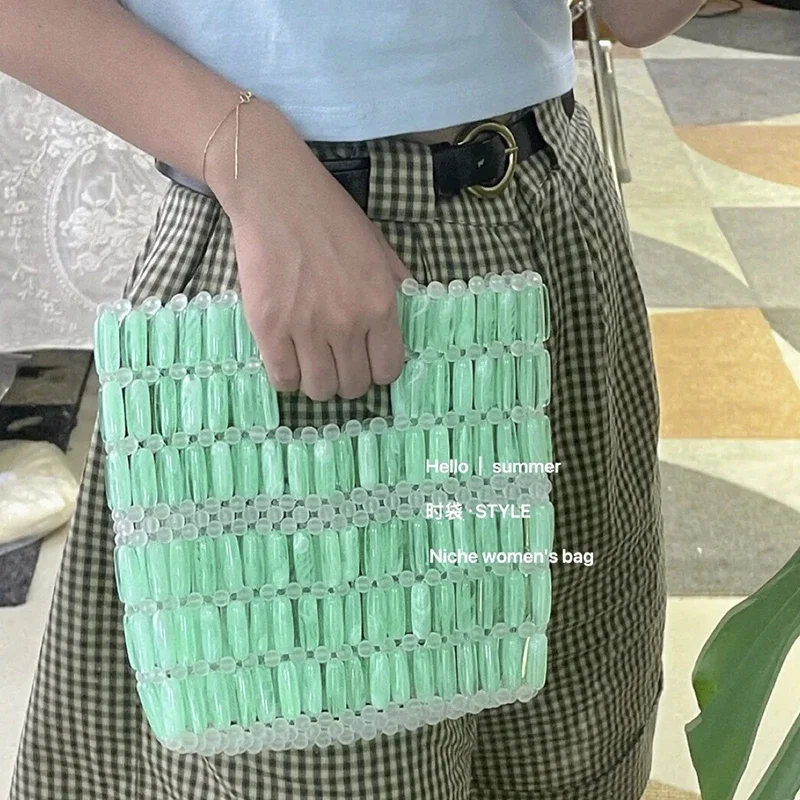 Borsa estiva piccola da donna fresca borse di cristallo personalizzate nuova moda INS borsa verde con pannello trasparente con perline acriliche