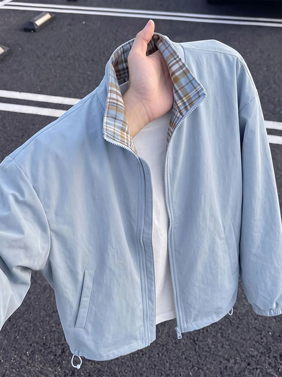 American Style Short Plaid Jacket for Men Casual Baseball Design No Hat Stand Collar Autumn Outerwear Blue Checkered Splicing