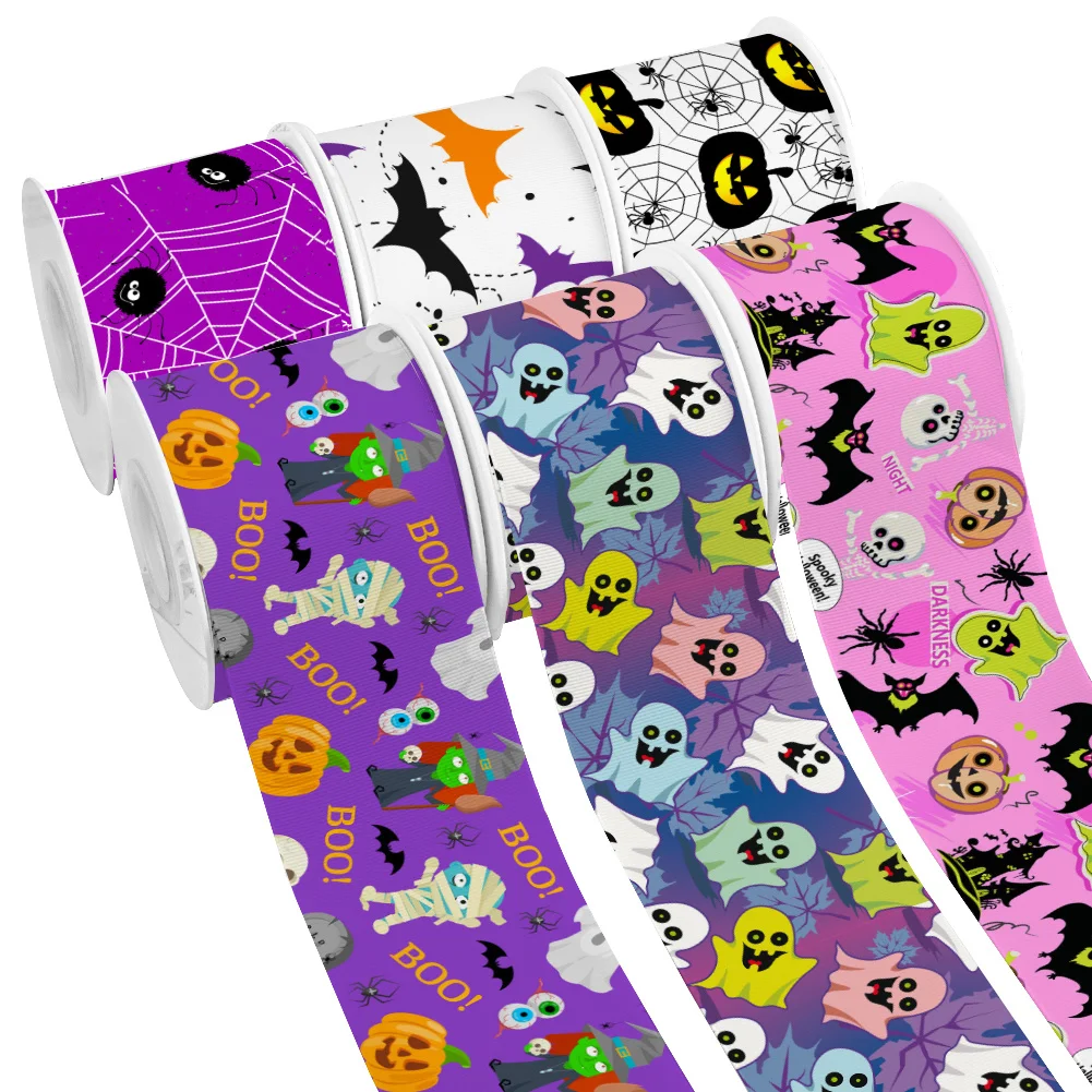Pumpkin 5yards Happy Halloween Cartoon Ghost Printed Grosgrain Ribbon for Cheer Bows DIY Girl Headwear Hair Bows Satin Ribbon