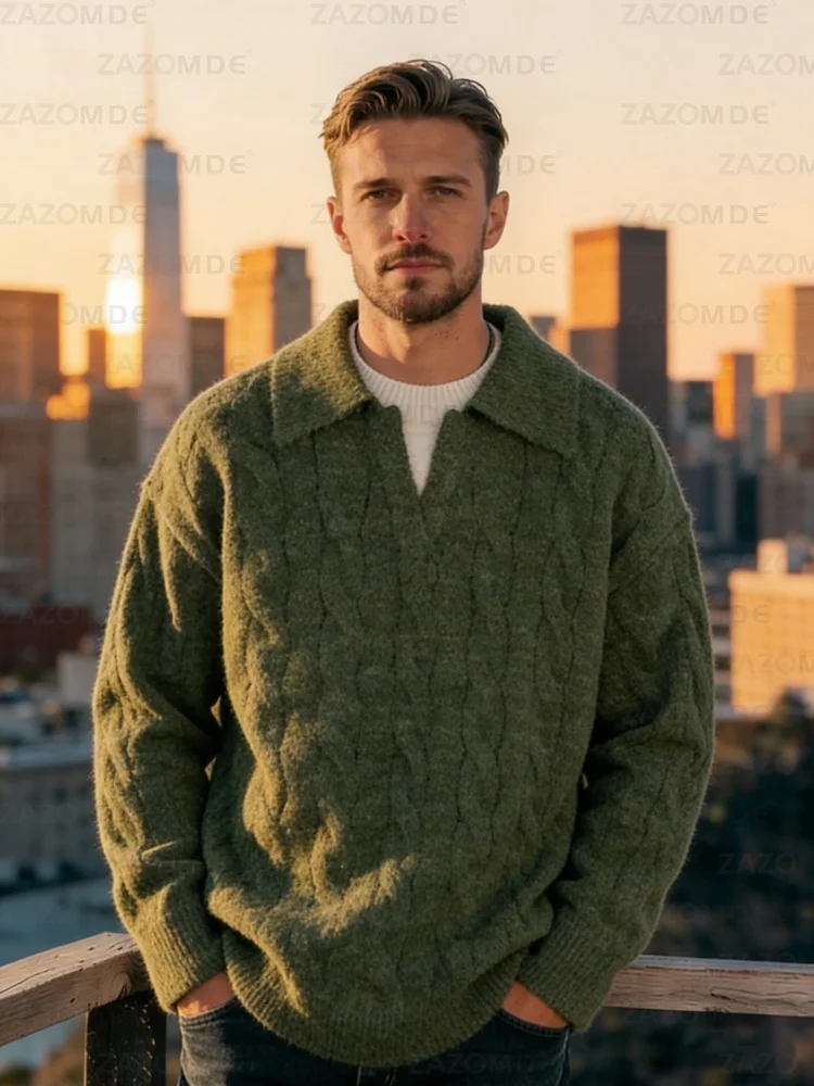 ZAZOMDE Luxury Feel Mens Sweater Forest Green Cable Knit Fabric Plush Turn Down Collar Soft Warm Top For Casual City Lifestyle