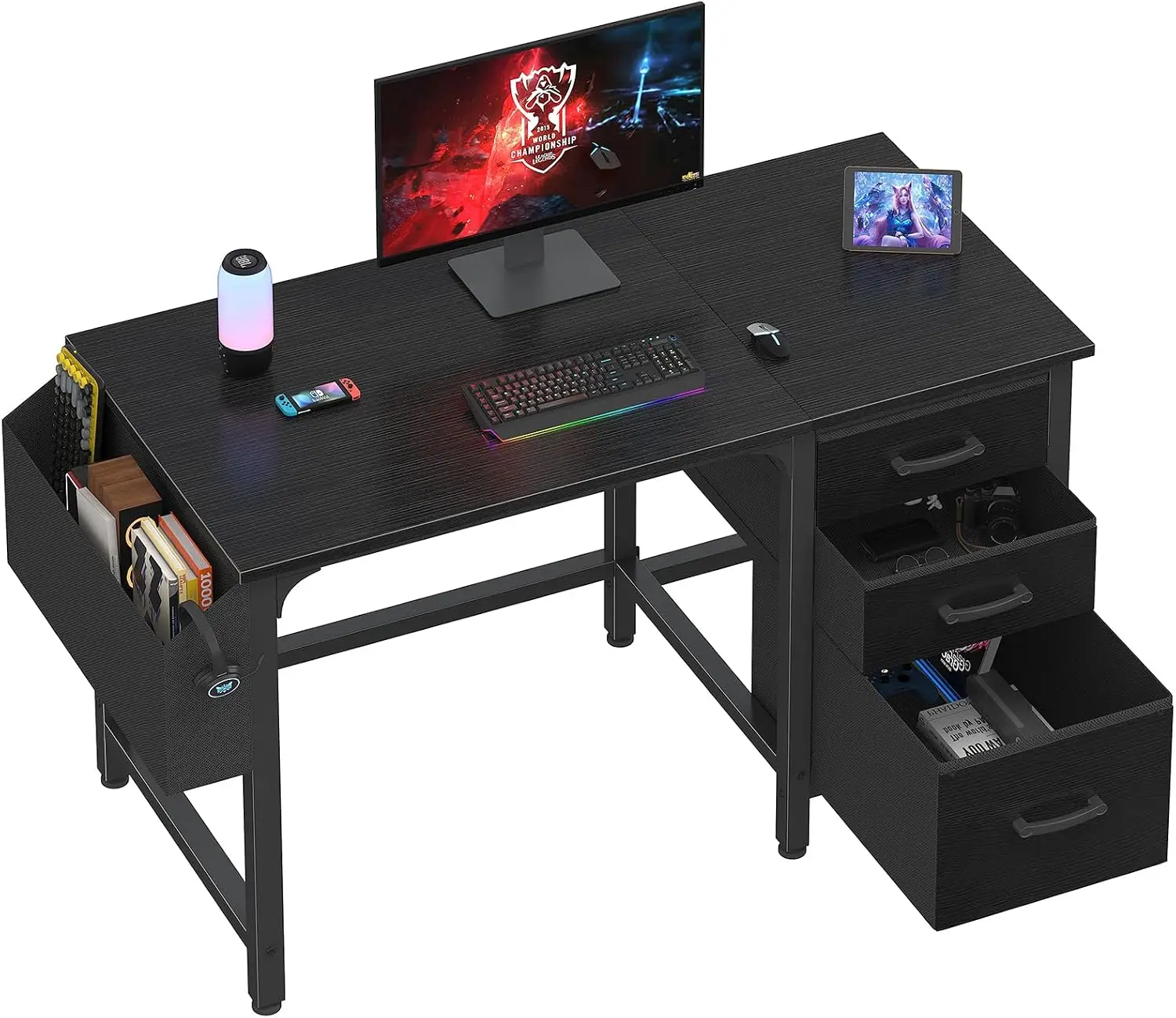 Computer Desk Study Writing Table With Fabric File Drawers Cabinet For Bedroom Home Office Workstation Stand, Reversible Storage PC Desk With Metal Frame, Modern Vintage Style, Black, 1 Pack