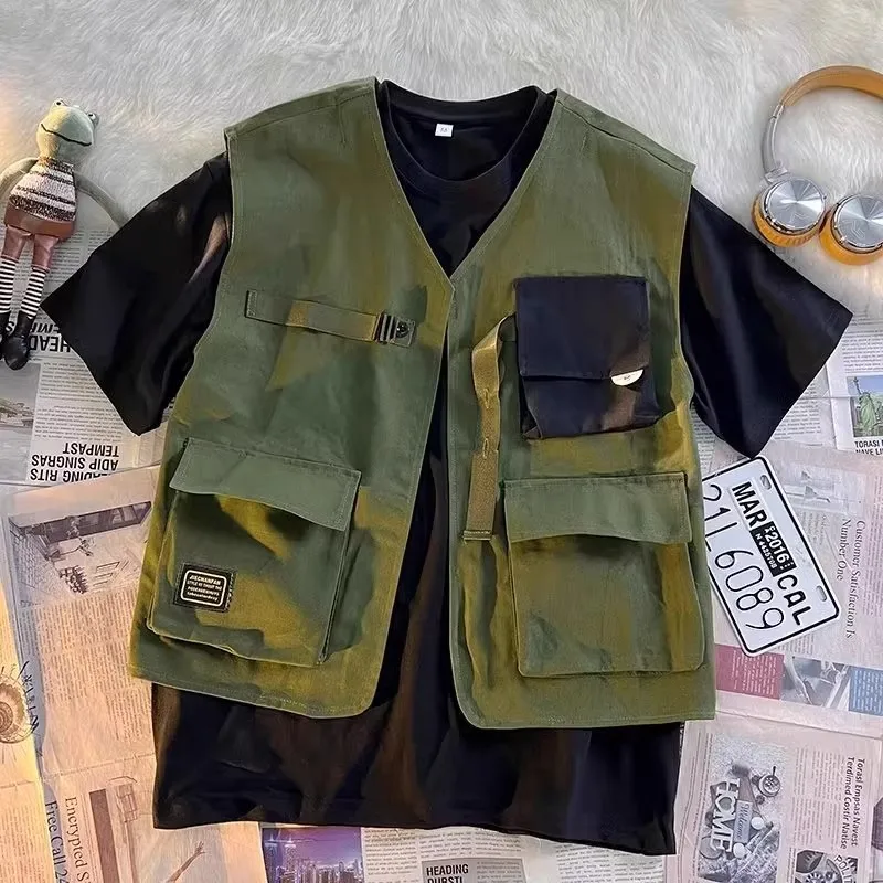 Ceco hoado de aodón puro para hombre, ropa de trabajo, sin mangas, con múltiples bolsillos, hombros descubiertos, pren...