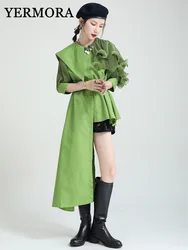 YERMORA Women Green Irregular Pleated Blouse New Lapel Long Sleeve Loose Fit Shirt Female Fashion Tide Spring Autumn 2024
