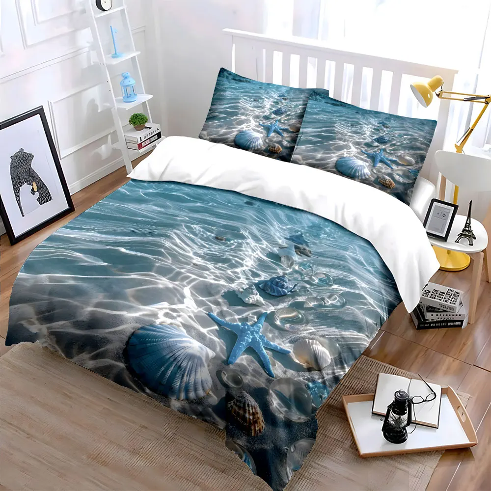 Shells and starfish under ripples Duvet Cover Set with 3D Printing Design Soft Polyester Bedding Set All-Season Comfort