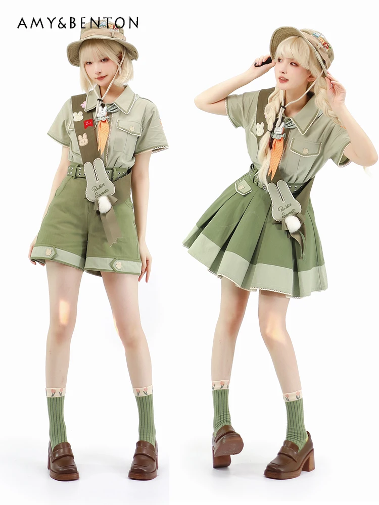 Preppy Style Kawaii Lolita Outfits Summer New Sweet Cute Short Shirt High Waist Slim Pleated Skirt Two-Piece Set Womens Outfits