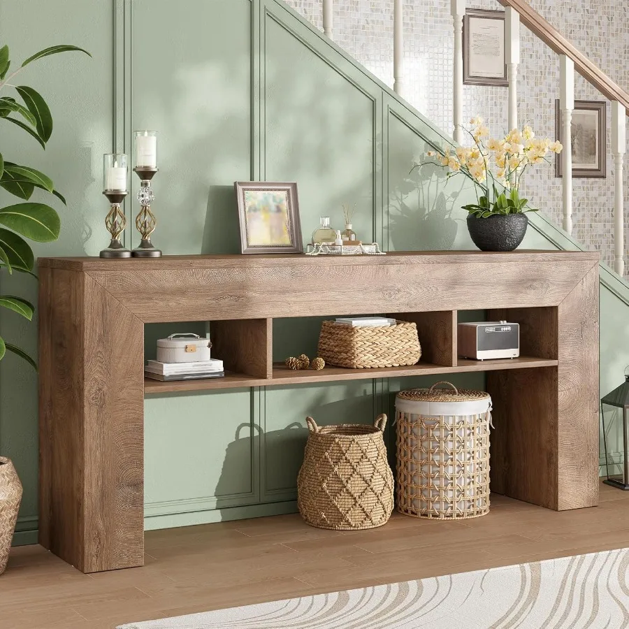 طاولة وحدة تحكم طويلة 63 بوصة للمدخل مع 3 أرفف تخزين مفتوحة وطاولة أريكة خشبية خلف الأريكة وممر المزرعة Ta