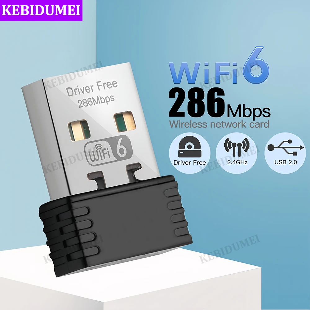 بطاقة الشبكة اللاسلكية 286Mbps 2.4G WiFi 6 USB WiFi محول LAN WiFi USB دونغل للكمبيوتر المكتبي والكمبيوتر المحمول Windows 7 10 11 Drive مجانًا