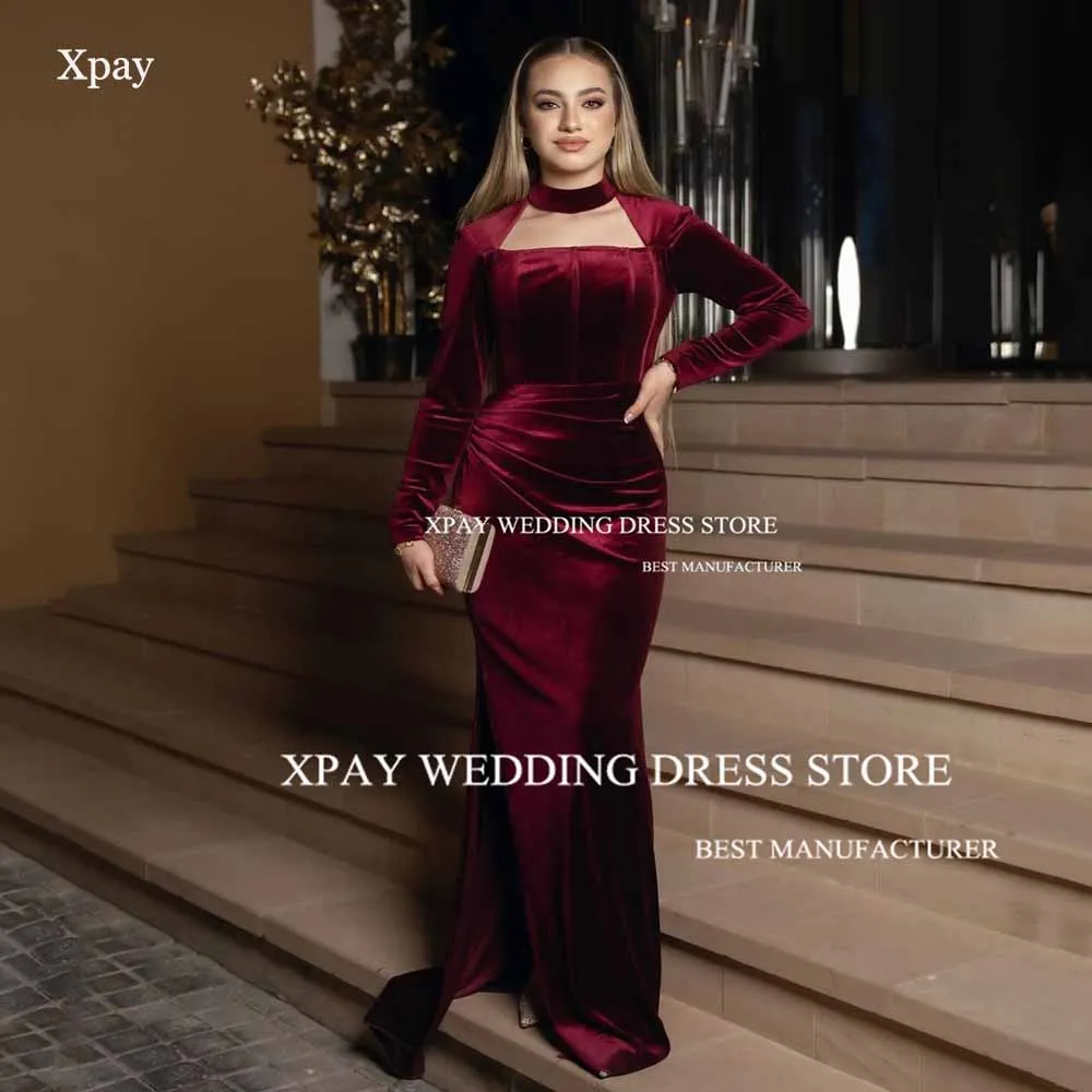 

XPAY Velvet Mermaid Evening Dress Long Sleeves Halter Formal Party Gown Side Split Saudi Arabic Backless Special Occasion Dress