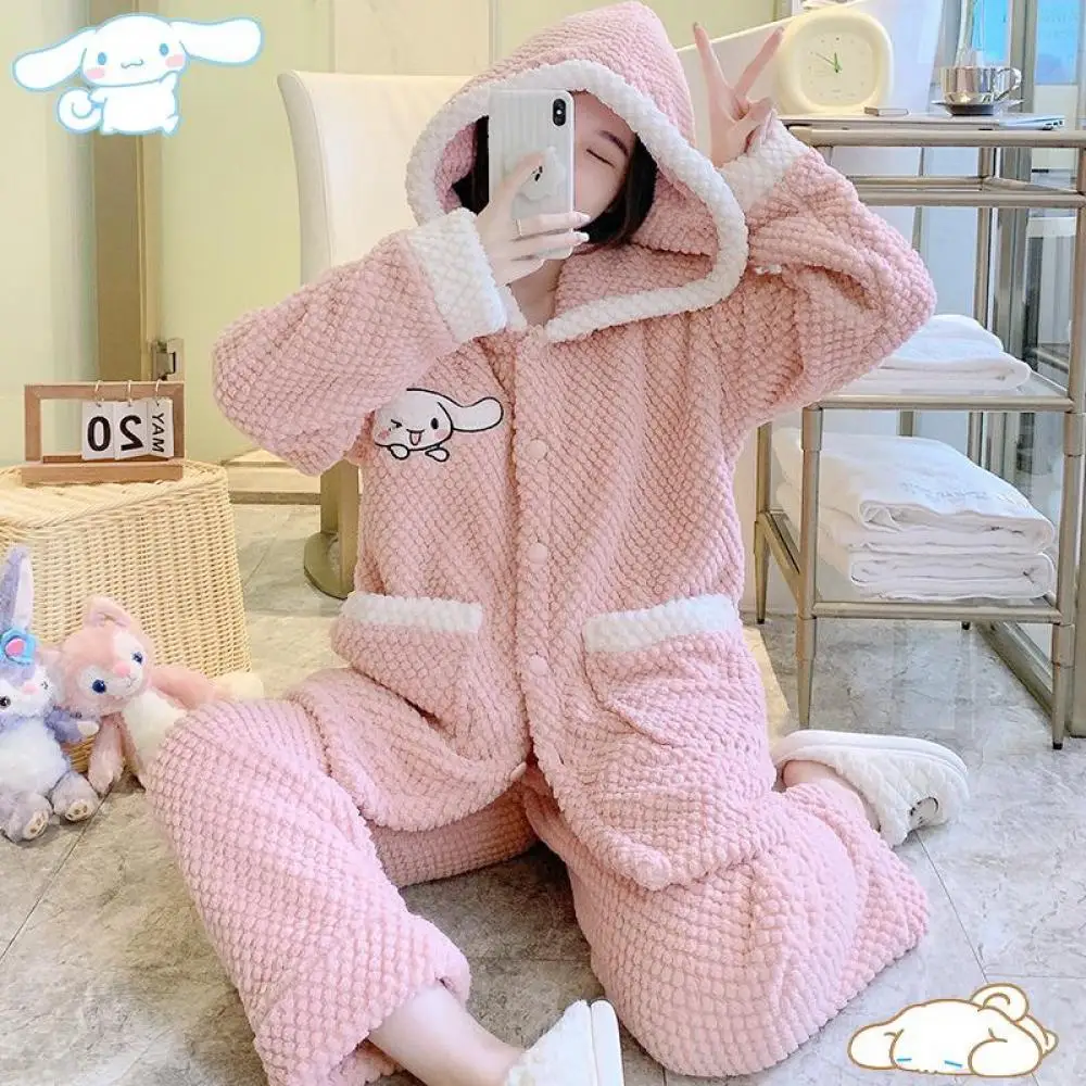 Sanrioed Cinnamoroll Plush Pajamas Set Large Size Hooded Home Clothes for Women Kawaii Anime Winter Thickened Cartoon Sweet Girl