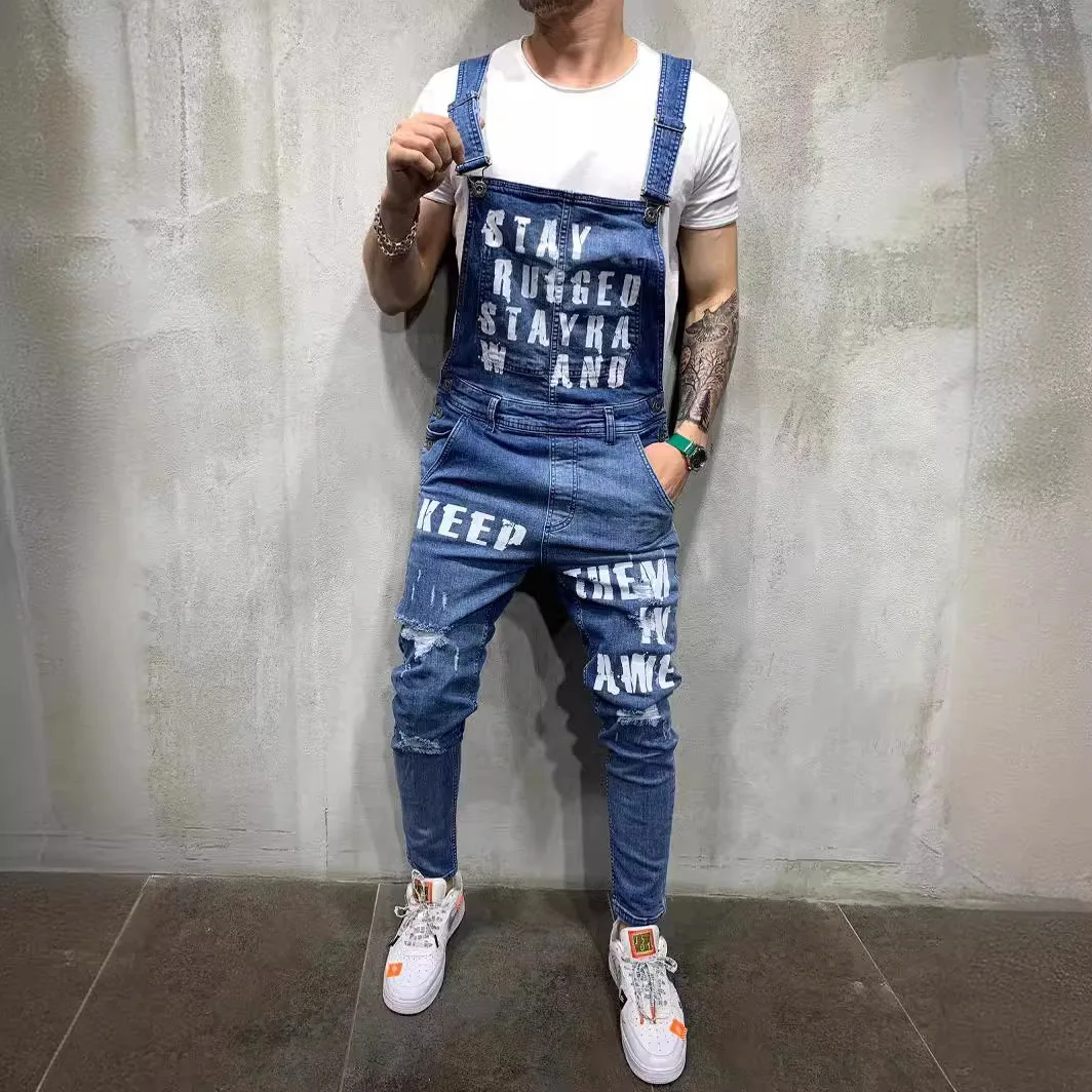 

European and American New Style Slim-Fit and Slimming Men's Long Overalls, Fashion Printed Letters Casual Street Overalls S-XXXL