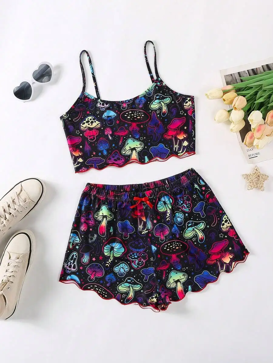 Colorful Mushroom Print Cami Top And Shorts Pajama Set Sleepwear Loungewear