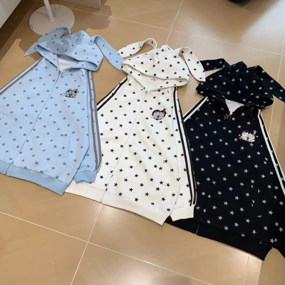 Kawaii White Star Print Bunny Ear Hoodie Women Zip Up Long Sleeve Oversized Jacket Black Stripe Harajuku Casual Streetwear Top