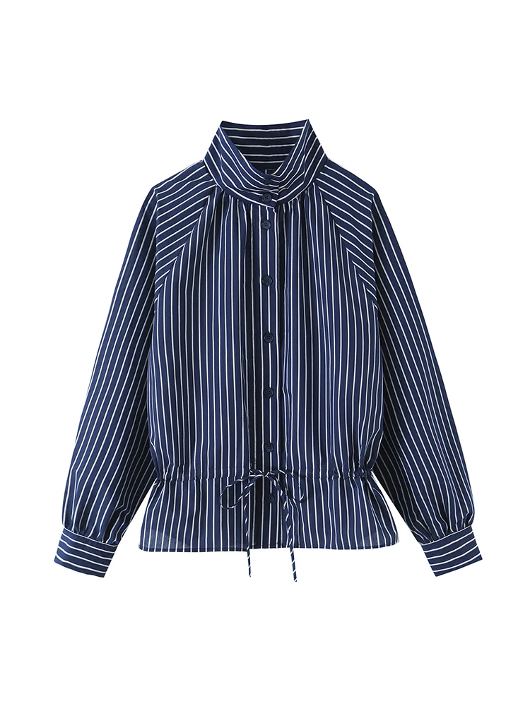 TFMLN Women Chic Striped Shirt Drawstring Lace Up Stand Collar Blouse Top 2026 Autumn Fashion Street Button Shirt Female