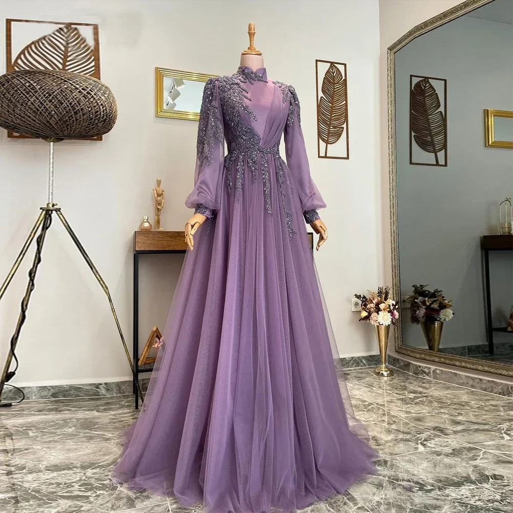 Eleganti abiti formali musulmani Manica lunga Perline di tulle A-Line Arabo Affascinante Abiti da sera da ballo per le donne Robe De Mariée