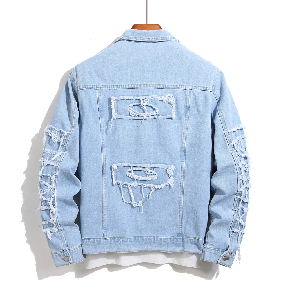 Stylish Street Style Men Ripped Distressed Stacked Splicing Slim Denim Jacket High Quality Male Motorcycle Jacket Coat