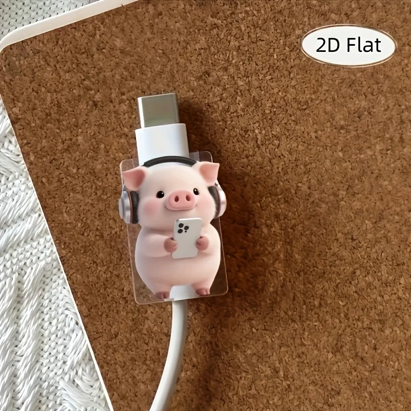 2D Flat, 2pcs Cute Pink Pig Headphone Cable Protectors, Anti-Scratch Type-C/Phone Charger Cable Protector, Phone Cable Protector