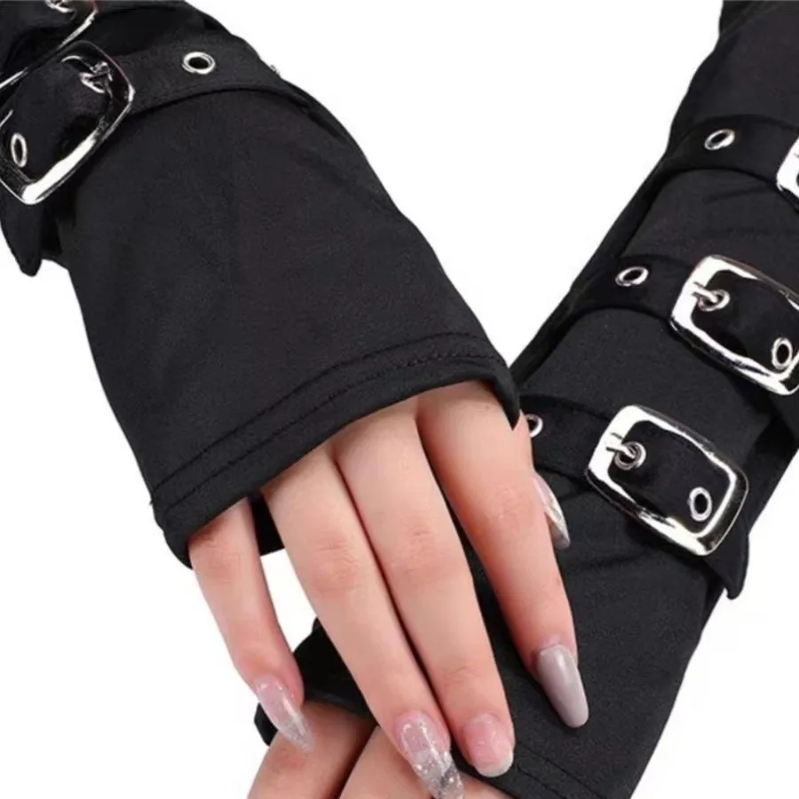 Rękawiczki bez palców w stylu gothic metal z guzikami dla kobiet i mężczyzn, modne, z charakterem, lolita, cosplay, czarne, do występów, taniec uliczny.