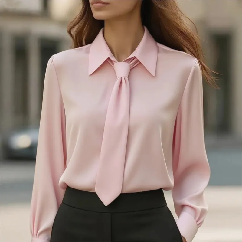 

Elegant Pure Color Women Shirts & Blouses 2025 Autumn Fashion Bring A Tie Long Slleve Lapel Office Ladies Blouse Temperament Top