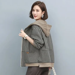 2024 Autumn Winter New Middle-aged and elderly Mothers Short Jacket Women's Patchwork Hooded Plaid Coat Casual Tops