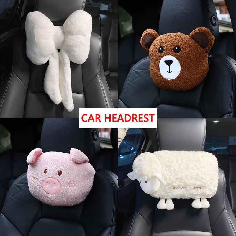 Pluszowy zagłówek samochodowy z kokardką Cartoon Animal Sheep Anime Bear Pig Neck Protector Creative Crab Auto Throw Pillow Akcesoria samochodowe