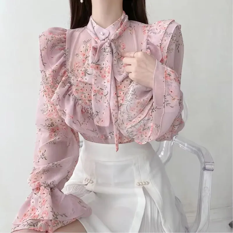 

Autumn Stand Collar Women Shirt Fashion Print Long Sleeve Ruffles Chiffon Shirt Blouse Women Tops Blouses Camisas De Mujer M119