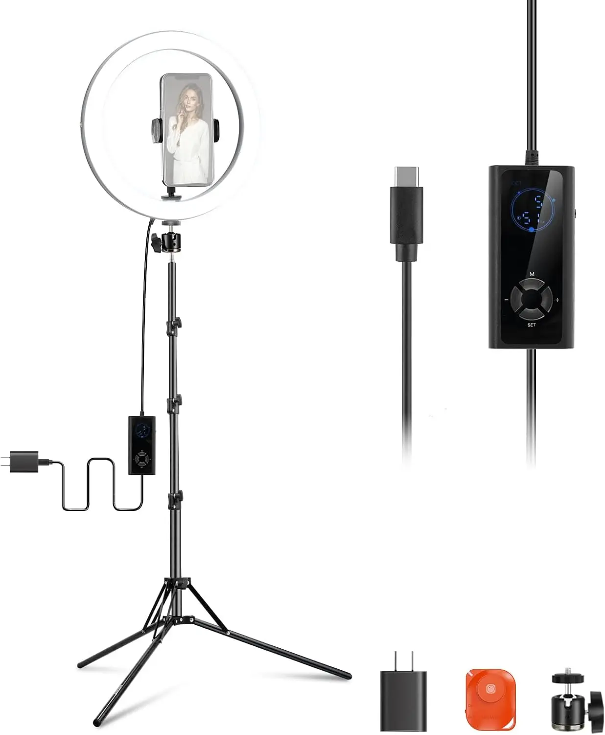 

12" 24W Power LED Ring Light with Tripod Stand, Bi Color 2900-7000K, USB C PD Input, CRI97+ 1810lux/0.5m Compatible with