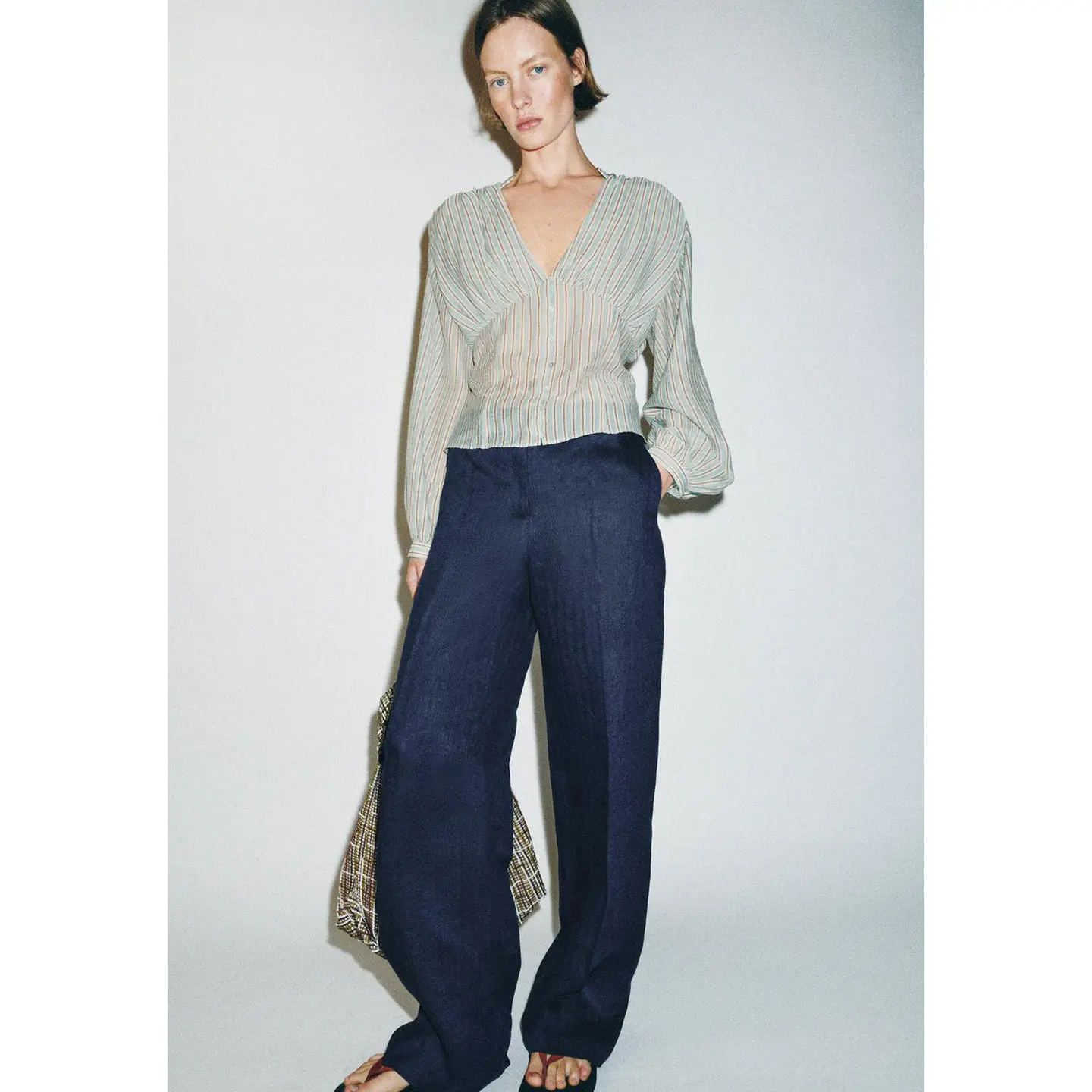 Spring New Arrival Women's Casual Style Button Decorated Long Sleeve V-Neck Loose Waist Shirt Striped Pattern Breathable Poly...