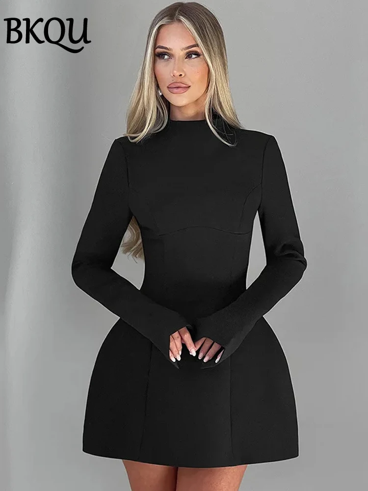 BKQU Elegant Solid Backless Mini Dress Women High Waist Fashion Long Sleeve Slim A-line Dresses 2024 Autumn Party Evening Dress