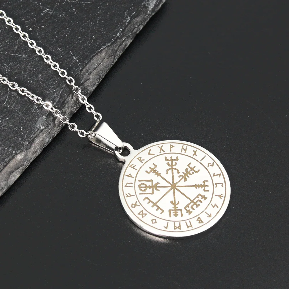 Vintage Nordic Mythology Pirate Viking Odin Runes Futhorc Compass Celtic Knot Stainless Steel Necklace Pendant Charms Jewelry