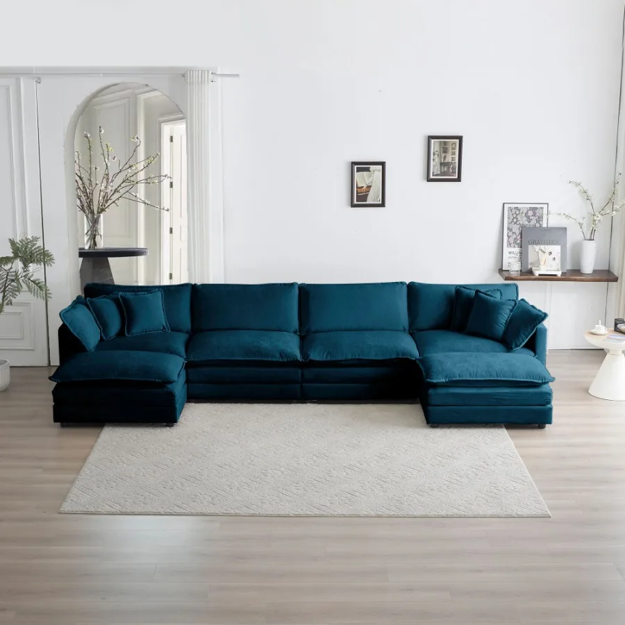 

Comfort U Shaped Couch with Reversible Chaise Modular Large UShape Sectional Sofa Double Extra mans Blue Chenille